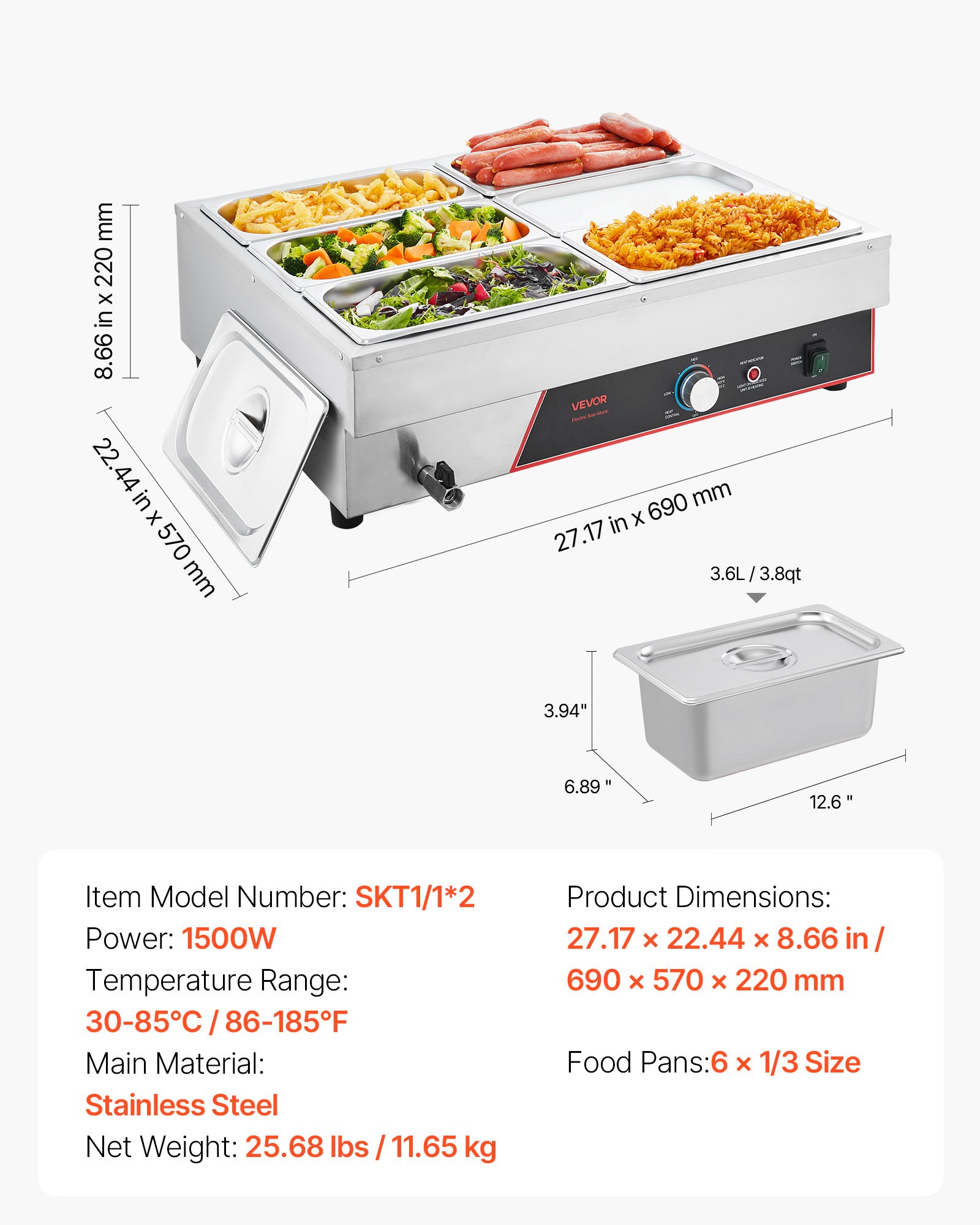 VEVOR Commerciële Voedselwarmer met 6 Containers (1/3 formaat) & Netsnoer, 1500W Roestvrijstalen Buffetwarmer, Buffetcontainers, Buffet Waterbad Voedselwarmer voor Restaurants, Feesten en Buffetten