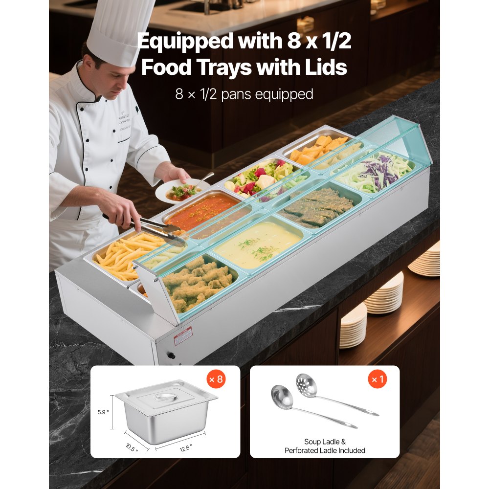VEVOR Commercial Food Warmer, 1700W Electric Stainless Steel Steam Food Warmer with Glass Cover, 8-Pan Countertop Buffet Bain Marie with Soup & Perforated Ladles, for Catering, Restaurant & Party