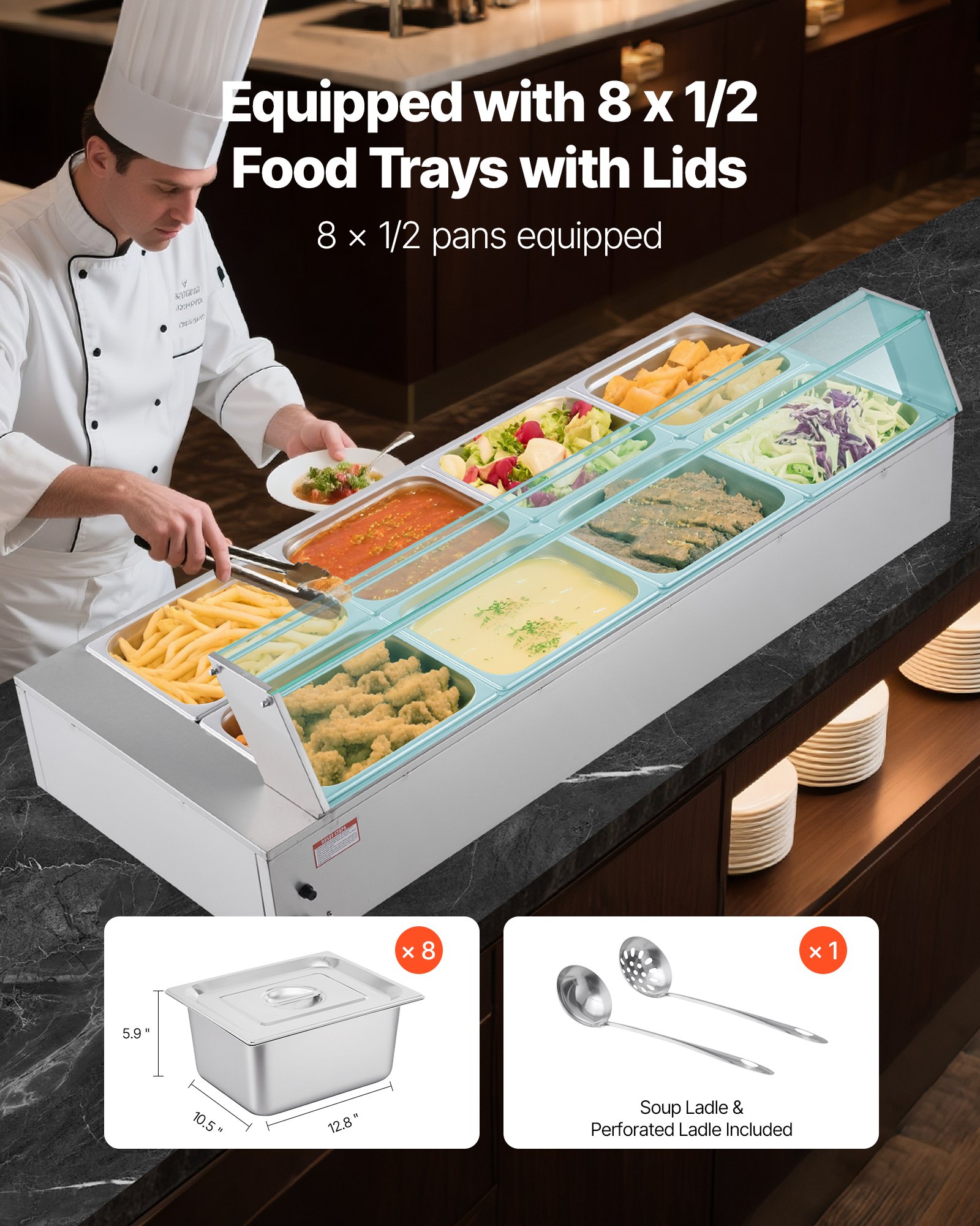 VEVOR Commercial Food Warmer, 1700W Electric Stainless Steel Steam Food Warmer with Glass Cover, 8-Pan Countertop Buffet Bain Marie with Soup & Perforated Ladles, for Catering, Restaurant & Party