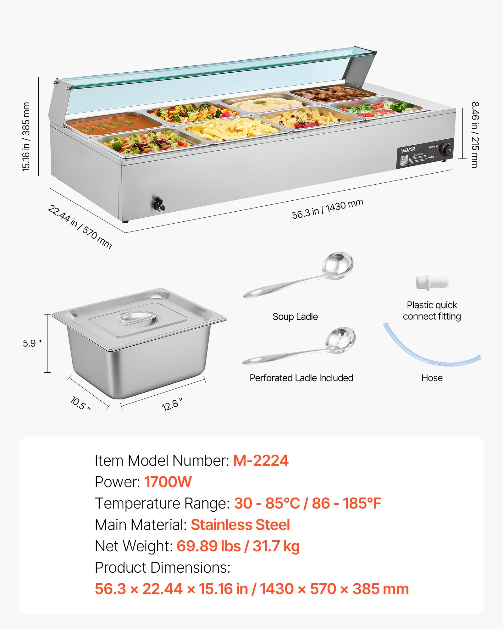 VEVOR Commerciële Voedselverwarmer (8 x 1/2 Maat Containers), 1,7 kW Elektrische RVS Warmhoudcontainer met Glazen Deksel & Soeplepel, Chafing Dishes voor Catering Restaurant Feesten