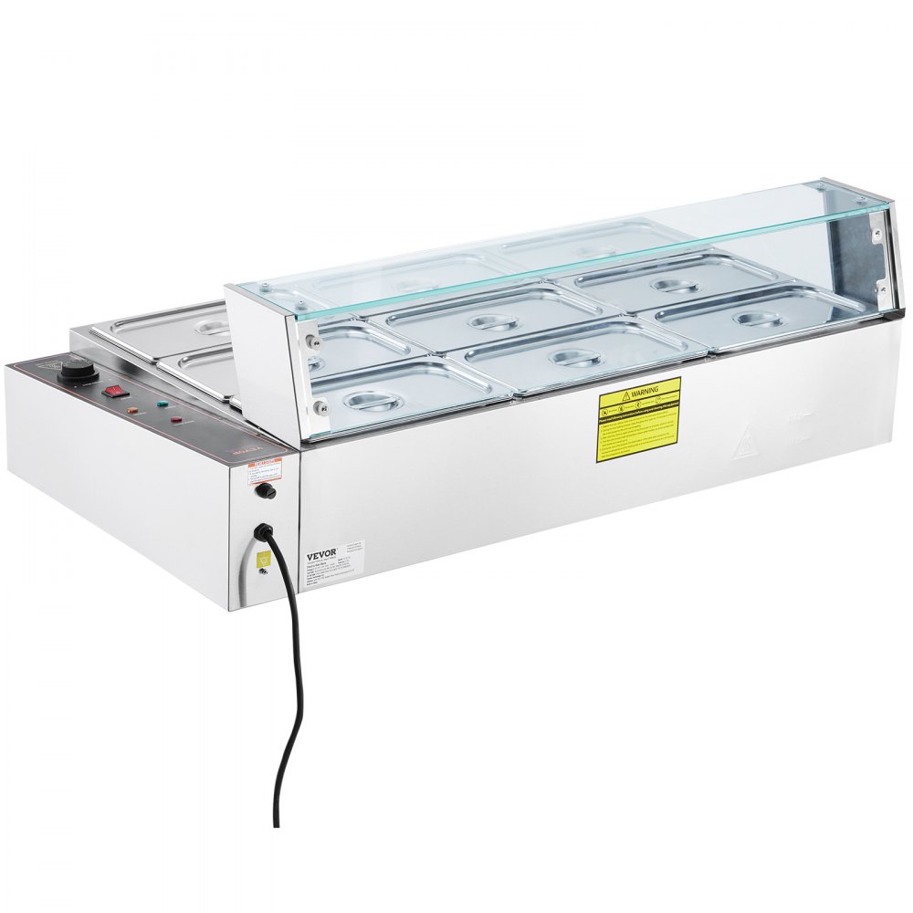 VEVOR Commerciële Voedselverwarmer (9 x 1/3 Maat Containers), 1,5 kW Elektrische RVS Warmhoudcontainer met Glazen Deksel & Soeplepel, Chafing Dishes voor Catering Restaurant Feesten