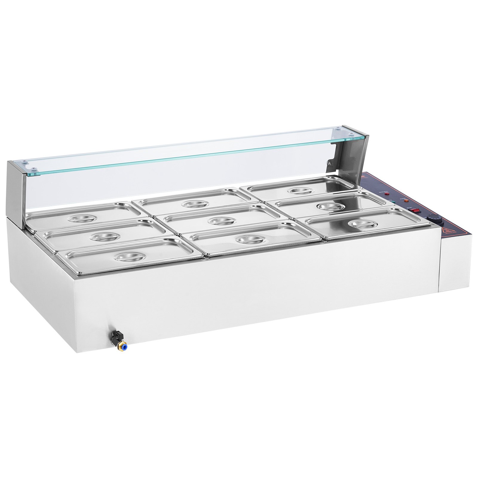 VEVOR Commerciële Voedselverwarmer met 9 Bakjes (5 Qt / 1/3 Grootte Elk), Elektrische Stoomtafel met Glazen Deksel, 1500W RVS Aanrechtblad, Buffet Bain Marie, 30-85°C Temperatuurregeling