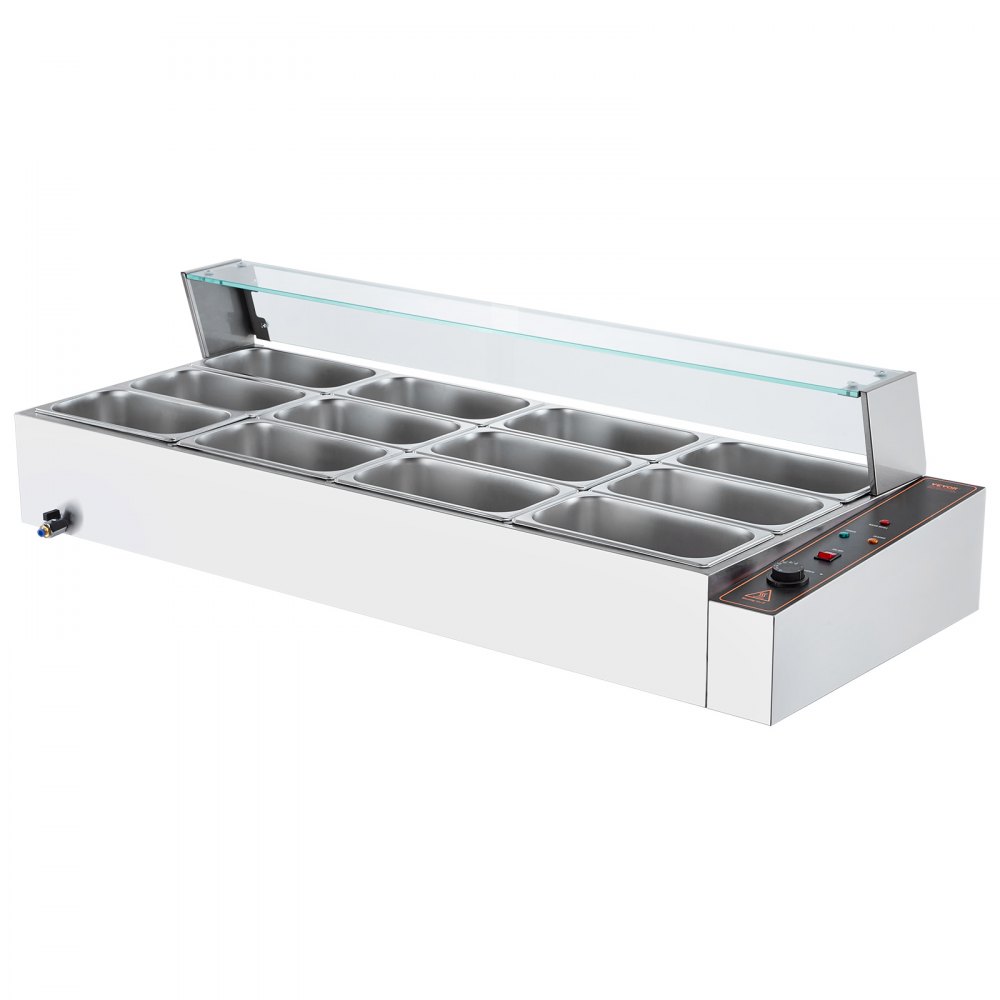 VEVOR Commerciële Voedselverwarmer met 12 x 5 Qt Containers, Elektrische Stoomtafel met Glazen Afdekking, 1700W RVS Aanrechtblad, Buffet Bain Marie, 30-85°C Temperatuurregeling voor Catering