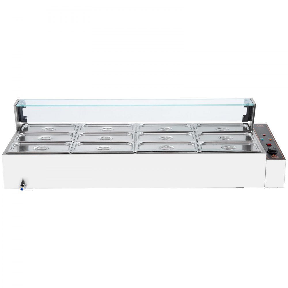 VEVOR Commerciële Voedselverwarmer met 12 x 5 Qt Containers, Elektrische Stoomtafel met Glazen Afdekking, 1700W RVS Aanrechtblad, Buffet Bain Marie, 30-85°C Temperatuurregeling voor Catering