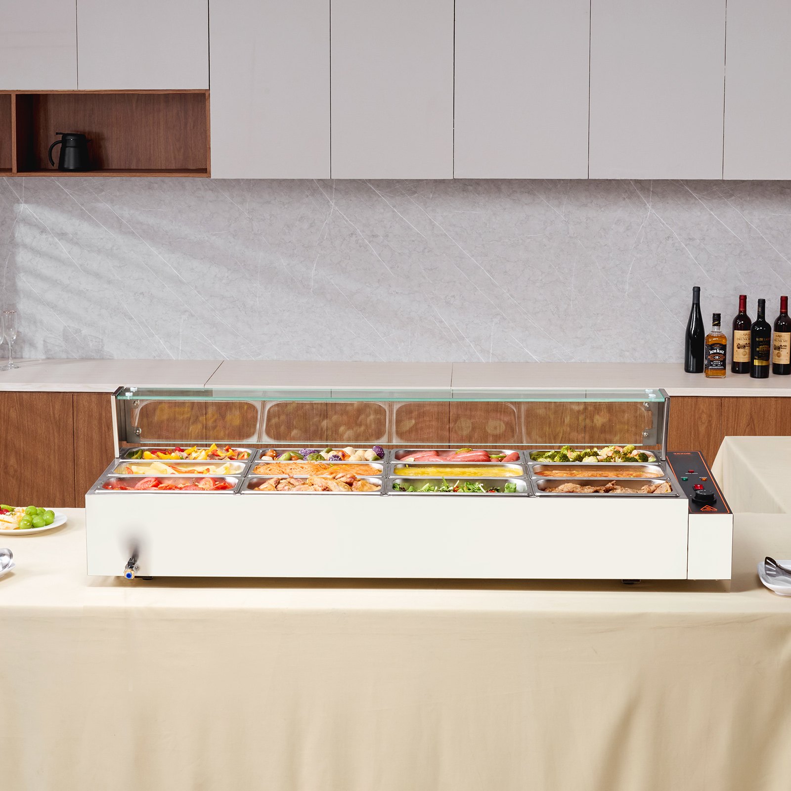 VEVOR Commerciële Voedselverwarmer met 12 x 5 Qt Containers, Elektrische Stoomtafel met Glazen Afdekking, 1700W RVS Aanrechtblad, Buffet Bain Marie, 30-85°C Temperatuurregeling voor Catering
