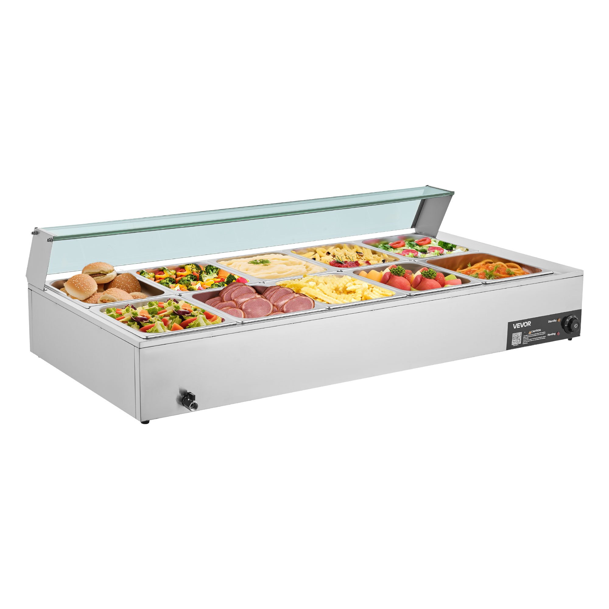 VEVOR Commercial Food Warmer, 1700W Electric Stainless Steel Steam Food Warmer with Glass Cover, 10-Pan Countertop Buffet Bain Marie with Soup & Perforated Ladles, for Catering, Restaurant & Party
