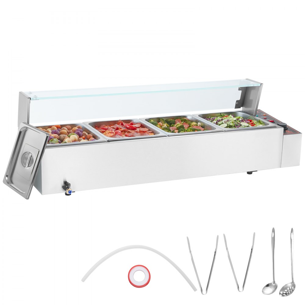 VEVOR Voedselverwarmer Chafing Dish Gastronorm Container 4x8Qt Glazen bord Commercieel