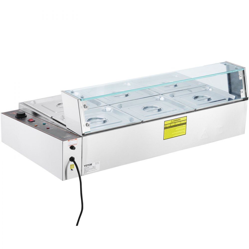VEVOR 6-Pan Commercial Food Warmer, 6 x 8QT Electric Steam Table with Glass Cover, 1500W Countertop Stainless Steel Buffet Bain Marie 86-185°F Temp Control for Catering, Restaurants, Silver