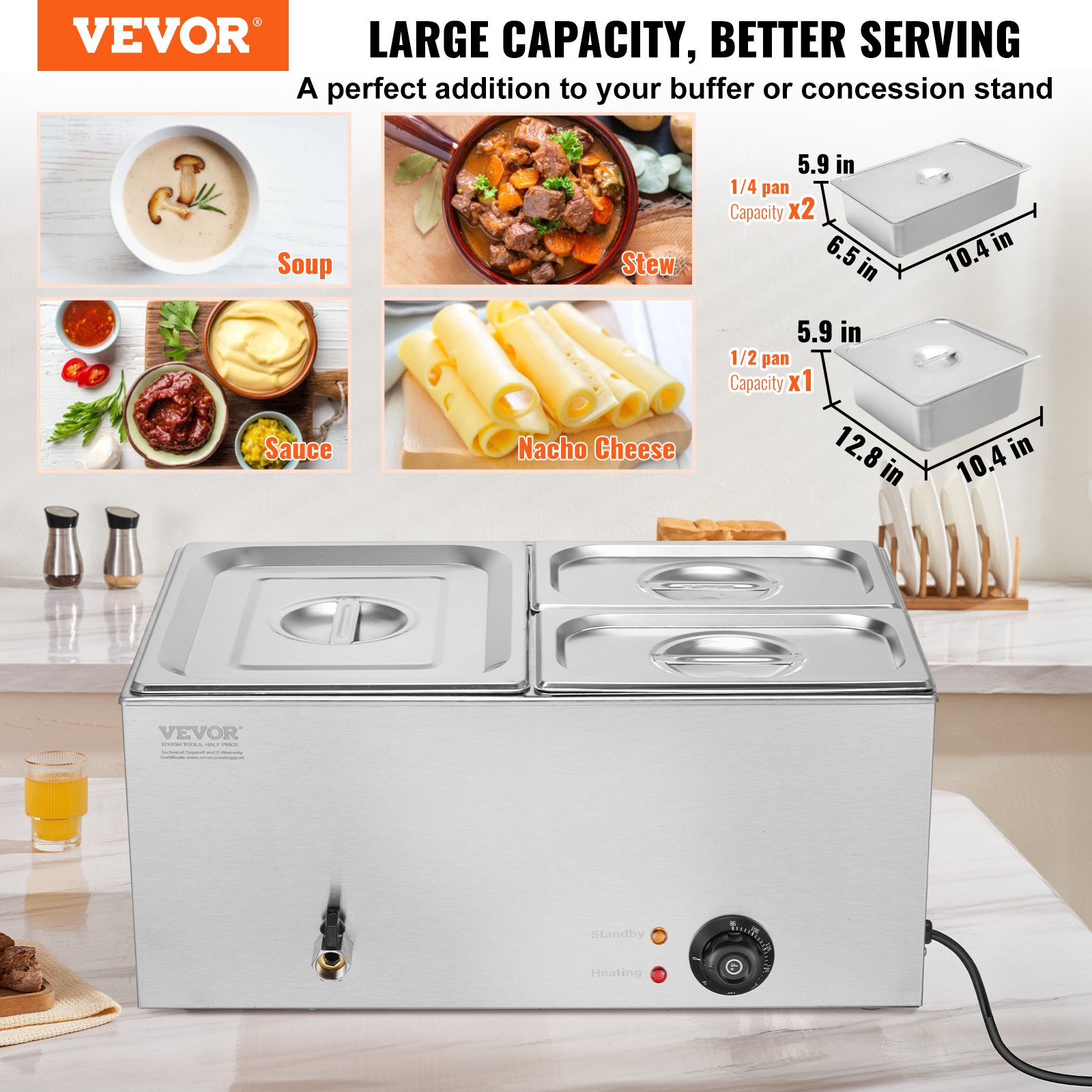 VEVOR Commercial Food Warmer, 3-Pan Electric Steam Table, 1200W Professional Countertop Stainless Steel Buffet Bain Marie with 86-185°F Temp Control for Catering, Buffet, Parties, Restaurants