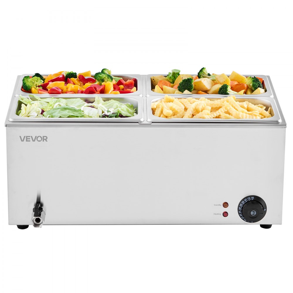 VEVOR Commerciële Voedselverwarmer, Elektrische Stoomtafel met 4 Containers (1/4 Maat) 1200W, RVS Buffet Waterbad met Temperatuurregeling van 30-80°C voor Catering Buffetten Feesten