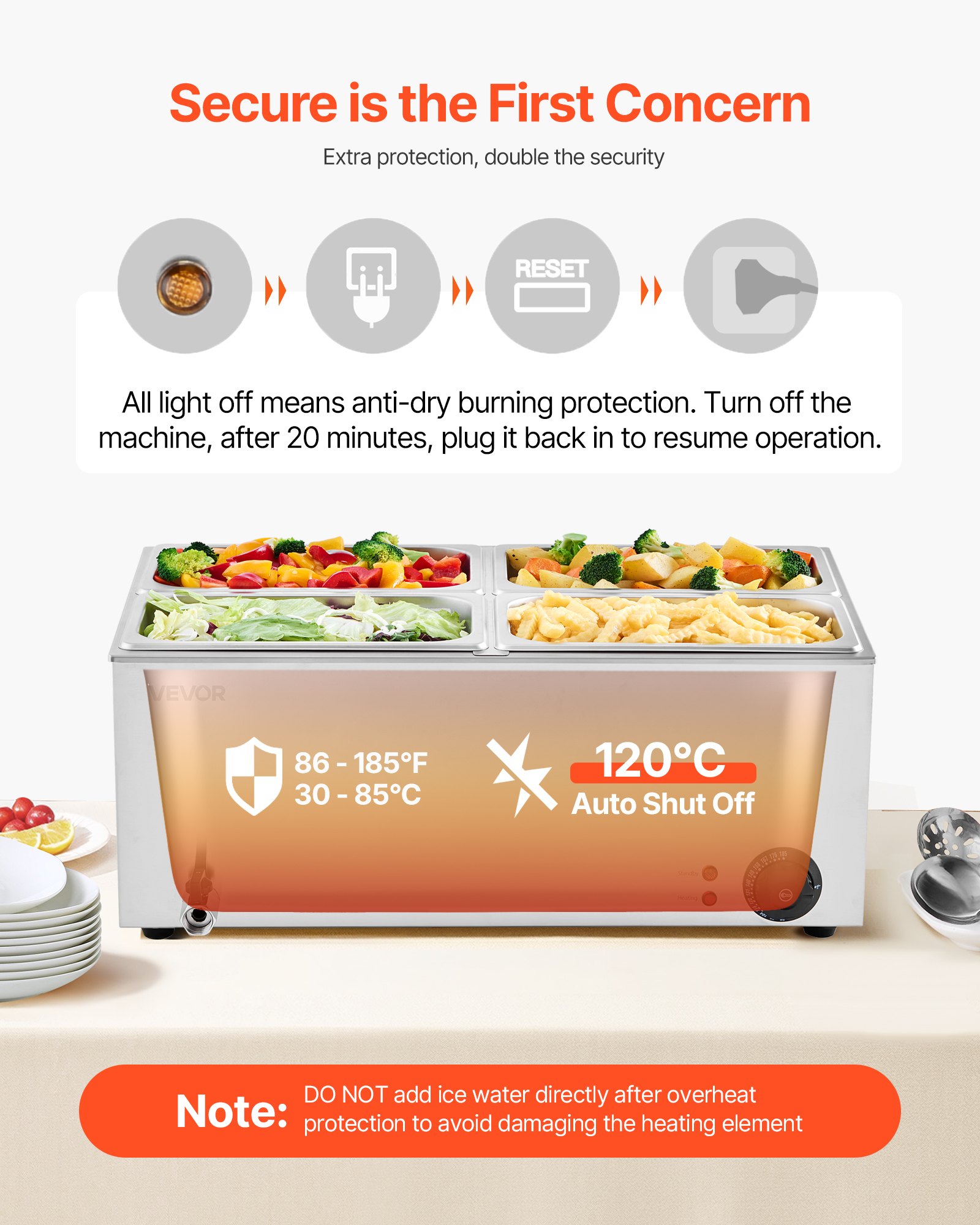 VEVOR Commerciële Voedselverwarmer, Elektrische Stoomtafel met 4 Containers (1/4 Maat) 1200W, RVS Buffet Waterbad met Temperatuurregeling van 30-80°C voor Catering Buffetten Feesten