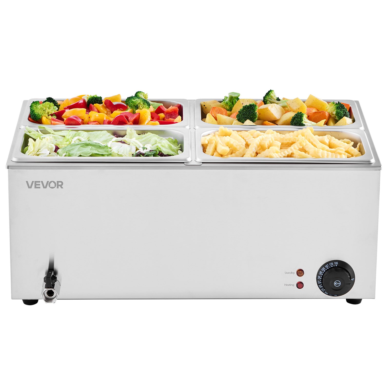 VEVOR Commerciële Voedselverwarmer, Elektrische Stoomtafel met 4 Containers (1/4 Maat) 1200W, RVS Buffet Waterbad met Temperatuurregeling van 30-80°C voor Catering Buffetten Feesten