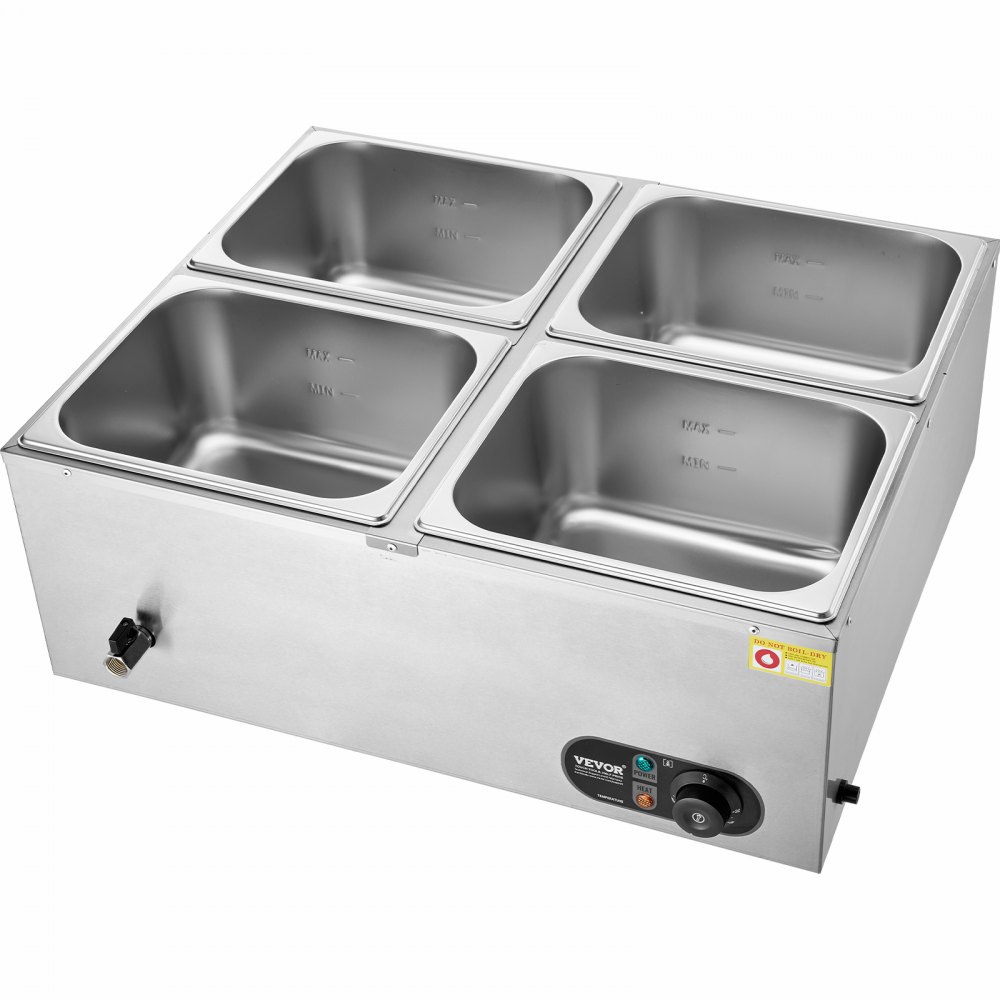 VEVOR 4-Pan Commercial Food Warmer, 4 x 8QT Electric Steam Table, 1500W Professional Countertop Stainless Steel Buffet Bain Marie with 86-185°F Temp Control for Catering and Restaurants, Silver