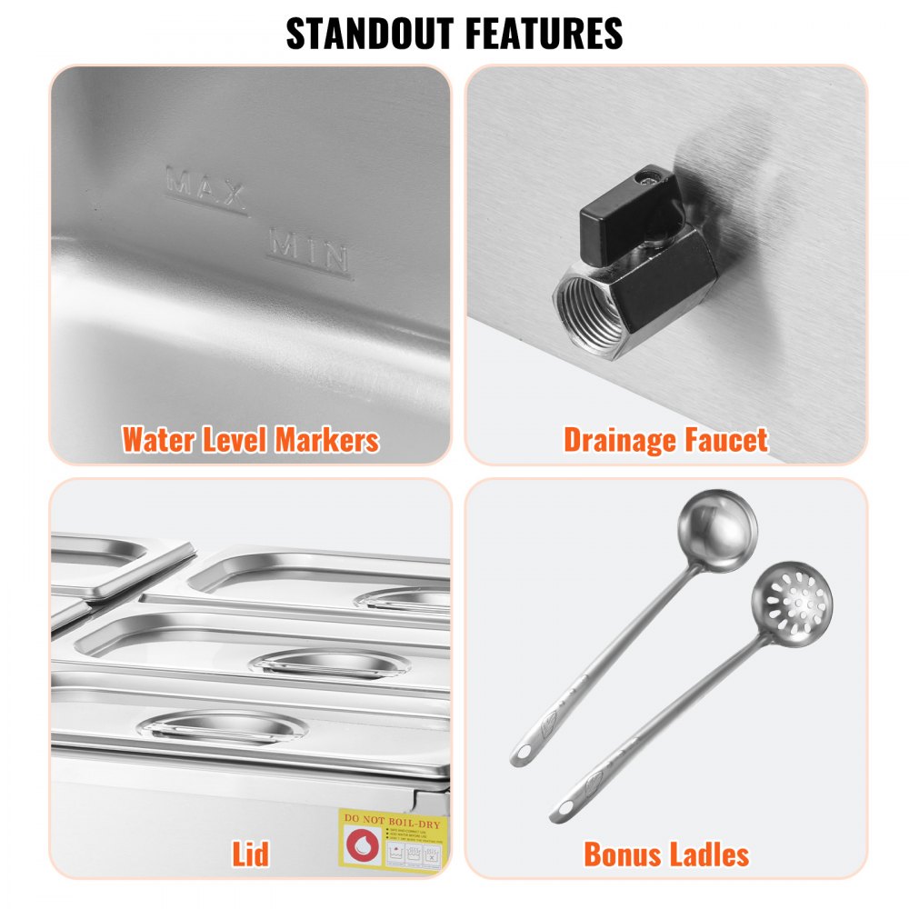 VEVOR 6-Pan Commercial Food Warmer, 6 x 5QT Electric Steam Table, 1500W Professional Countertop Stainless Steel Buffet Bain Marie with 86-185°F Temp Control for Catering and Restaurants, Silver