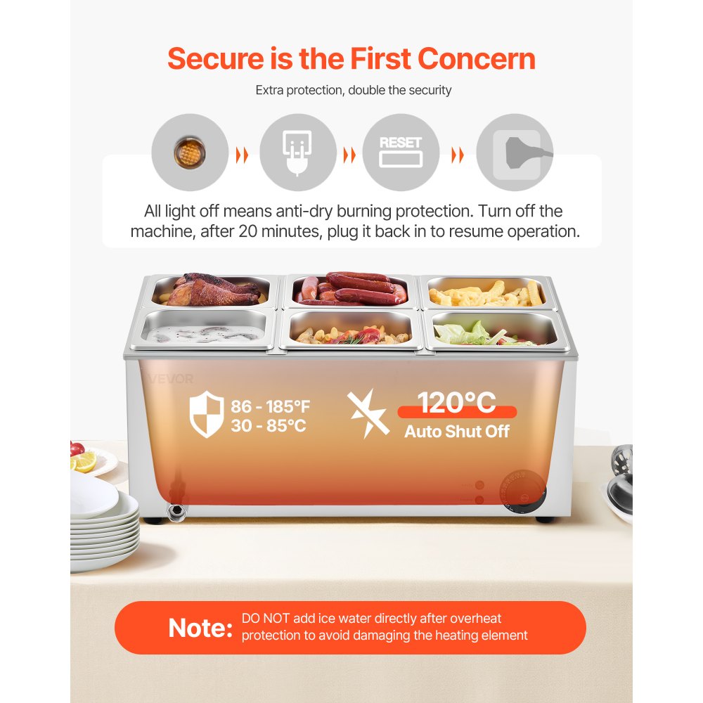 VEVOR Commercial Food Warmer, 6-Pan Electric Steam Table, 1200W Professional Countertop Stainless Steel Buffet Bain Marie with 86-185°F Temp Control for Catering, Buffet, Parties, Restaurants