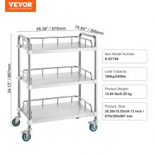 VEVOR Laboratory Trolley, Stainless Steel Trolley with 3 Shelves, Laboratory Serving Cart with Swivel Casters, Serving Cart Dental Cart for Clinic, Laboratory, Hospital, Salon, 670 x 395 x 867 mm