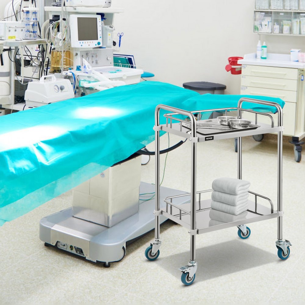 VEVOR 2-Layer Lab Medical Cart Stainless Steel Trolley Cart Lab Medical Equipment Cart Trolley for Lab Hospital Clinics