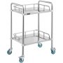 two-tier VEVOR stainless steel lab cart with blue swivel casters and safety rails.