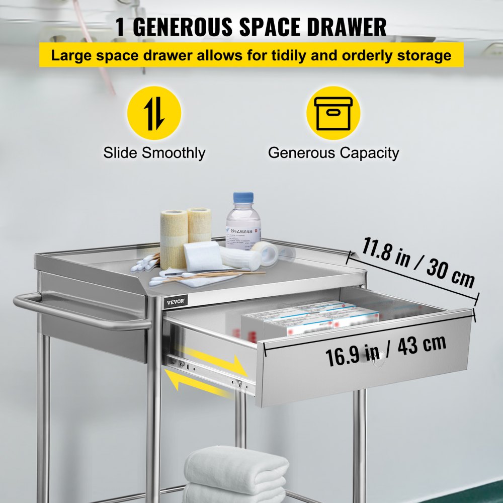 VEVOR 2-Layer Lab Medical Cart with Upper Drawer Stainless Steel Rolling Trolley Cart Lab Medical Equipment Cart Trolley for Lab Hospital Clinics