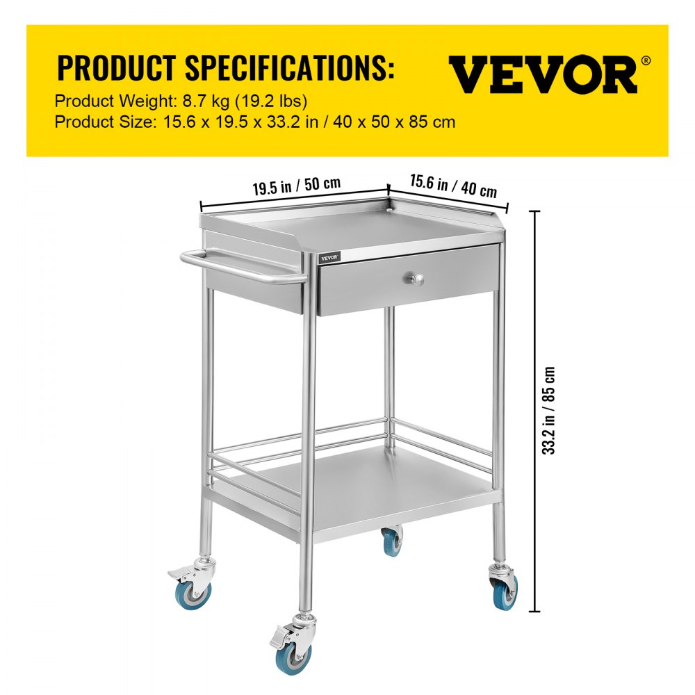 VEVOR 2-Layer Lab Medical Cart with Upper Drawer Stainless Steel Rolling Trolley Cart Lab Medical Equipment Cart Trolley for Lab Hospital Clinics