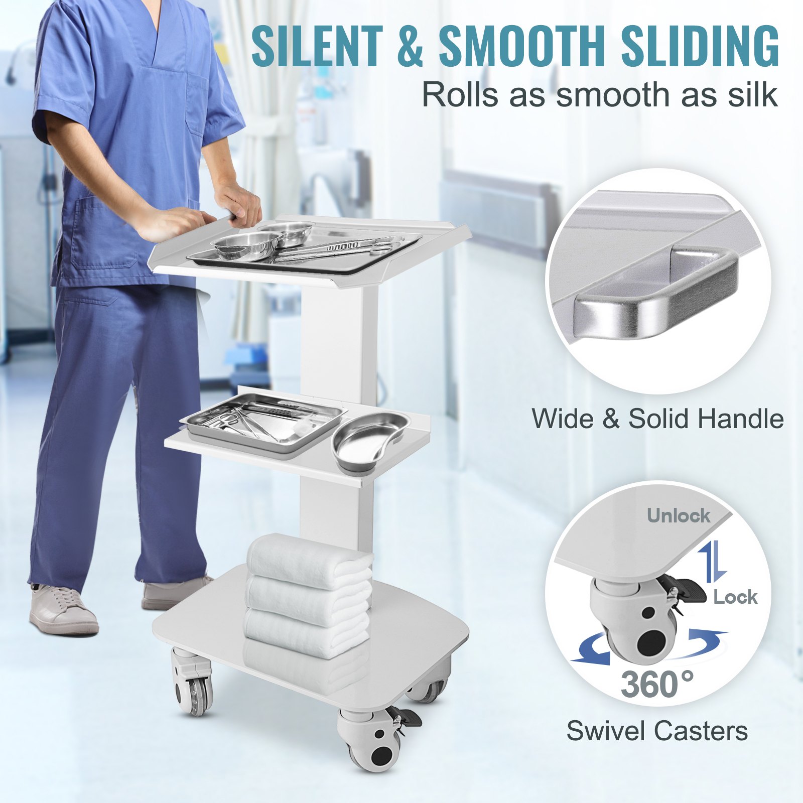 VEVOR 3-Layer Lab Medical Cart White Rolling Cart Lab Medical Equipment Cart Trolley Utility Cart