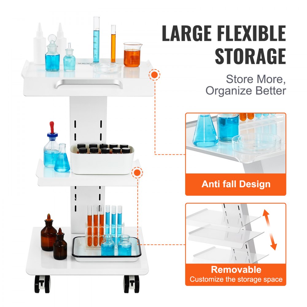 VEVOR Laboratoriumwagen, Medische Servicewagen met Geïntegreerd Stopcontact, Mobiele Dessertwagen van 3-laags metaal, met Draaibare Wielen, Draagvermogen 100 kg, voor Laboratorium, Kliniek, Schoonheidssalon, Salon