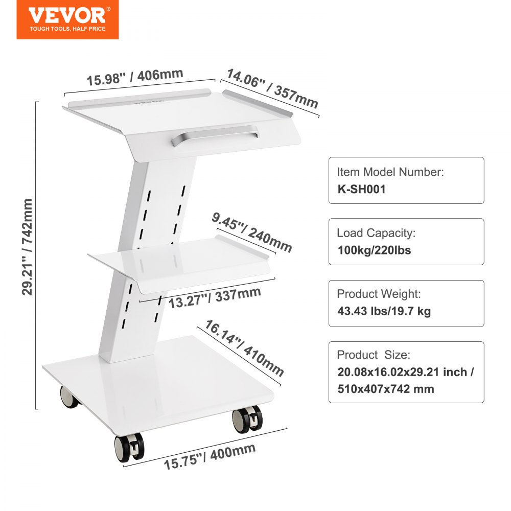 VEVOR Laboratoriumwagen, Medische Servicewagen met Geïntegreerd Stopcontact, Mobiele Dessertwagen van 3-laags metaal, met Draaibare Wielen, Draagvermogen 100 kg, voor Laboratorium, Kliniek, Schoonheidssalon, Salon