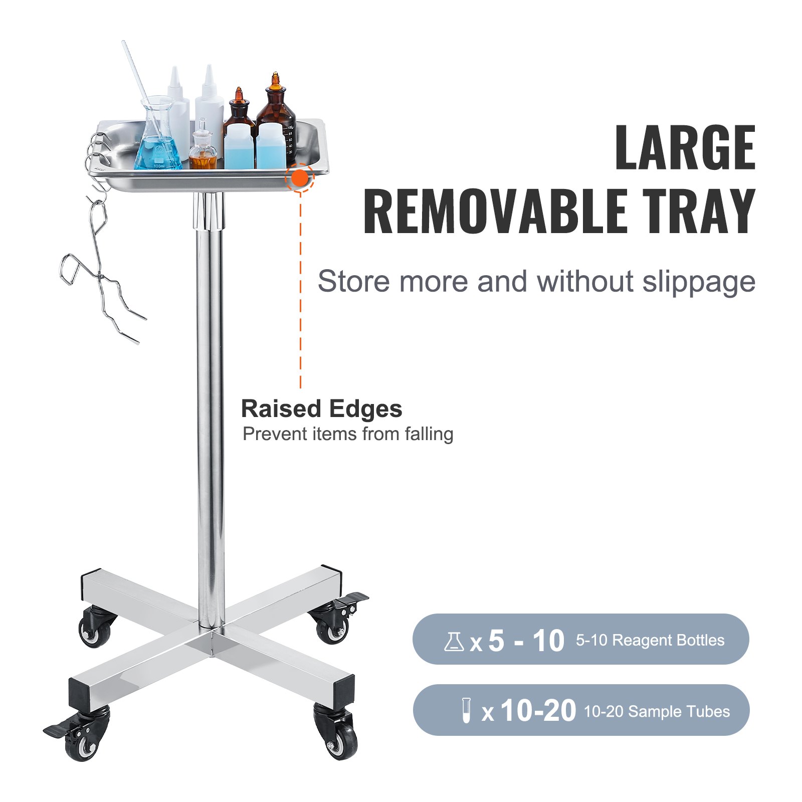 VEVOR Mobile Mayo Stand Stainless Steel Mayo Tray 31.9-55 in with Removable Tray