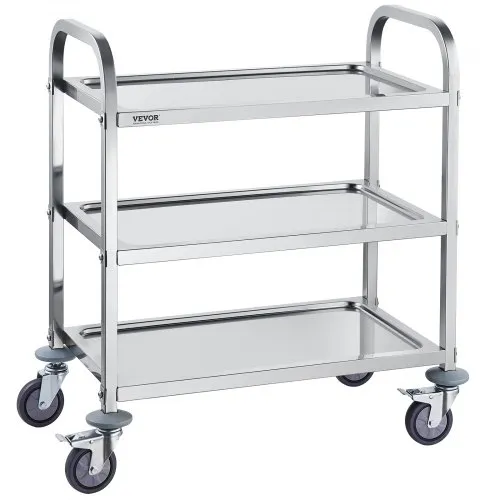 VEVOR Laboratoriumtrolley, apparatuurtrolley, serveerwagen voor medische technologie 201 Roestvrijstalen draagbare opruimtrolley 100 kg draagvermogen, 740 x 396 x 860 mm Laboratoriumrolwagen Medische trolley Drievoudig ontwerp Zilver