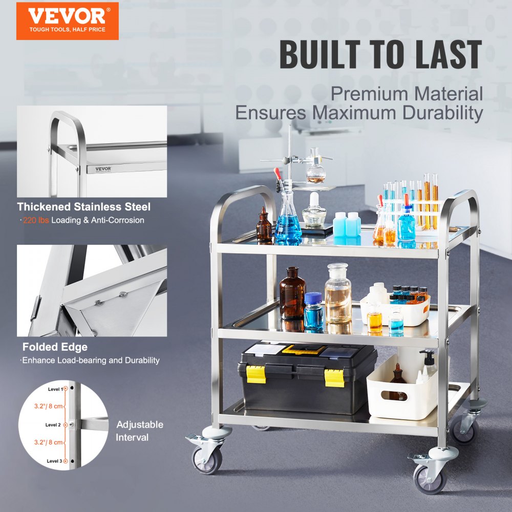 VEVOR Laboratoriumtrolley, apparatuurtrolley, serveerwagen voor medische technologie 201 Roestvrijstalen draagbare opruimtrolley 100 kg draagvermogen, 740 x 396 x 860 mm Laboratoriumrolwagen Medische trolley Drievoudig ontwerp Zilver
