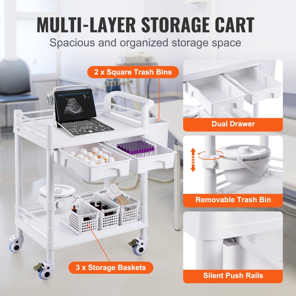VEVOR 2-laags laboratoriumtrolley, laboratoriumtrolley met 2 schappen, 2 lades en 4 stille wielen, mobiele medische trolley gemaakt van PP-materiaal, laboratoriumtrolley met 3 afvalbakken voor laboratorium, kliniek, ziekenhuis, salon, wit