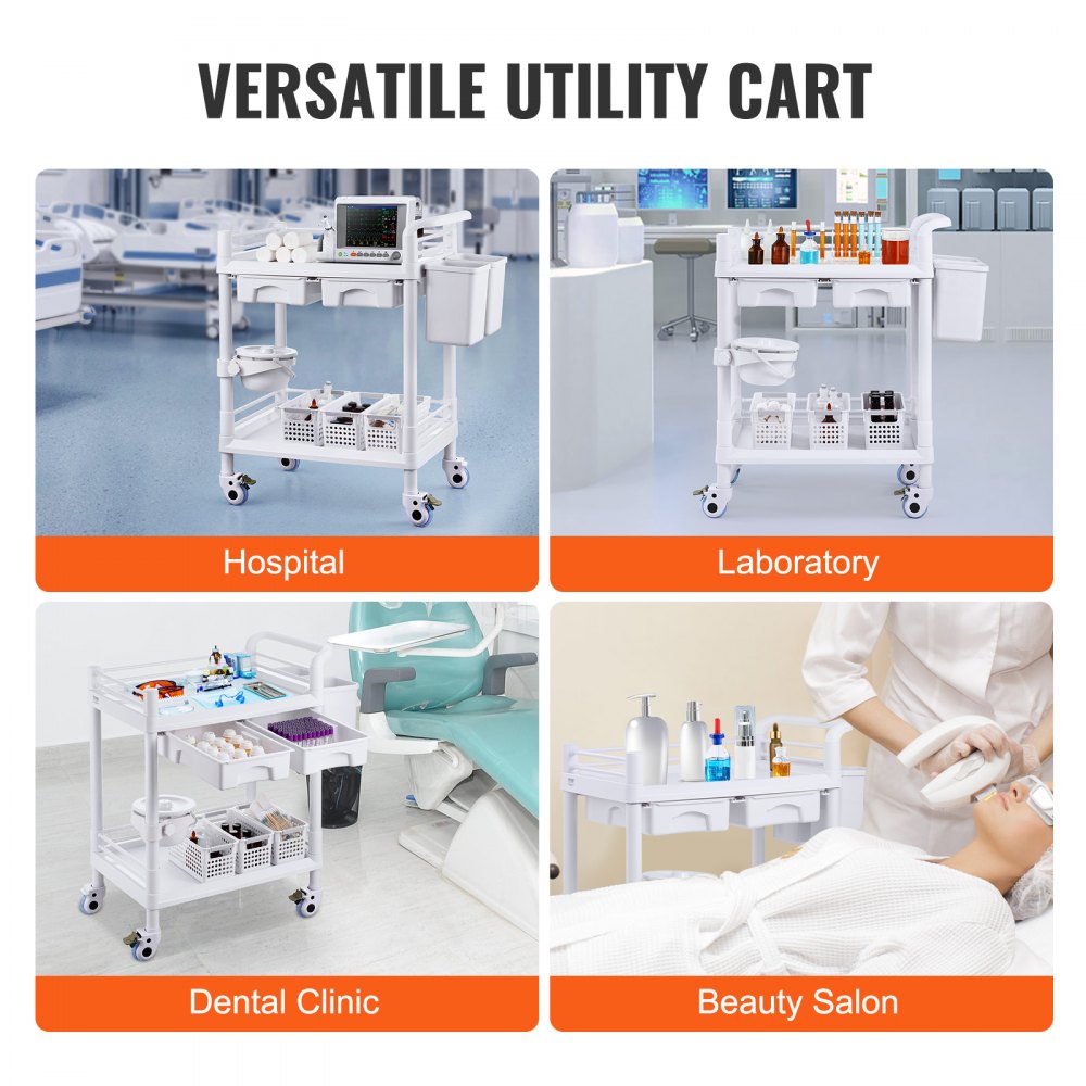 VEVOR 2-laags laboratoriumtrolley, laboratoriumtrolley met 2 schappen, 2 lades en 4 stille wielen, mobiele medische trolley gemaakt van PP-materiaal, laboratoriumtrolley met 3 afvalbakken voor laboratorium, kliniek, ziekenhuis, salon, wit