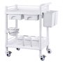VEVOR 2 Tiers Lab Carts, Lab Utility Cart with 2 Trays, 2 Drawers & 4 Silent Wheels, Mobile Medical Cart with PP Material, Lab Rolling Cart with 3 Trash Cans for Lab, Clinic, Hospital, Salon, White