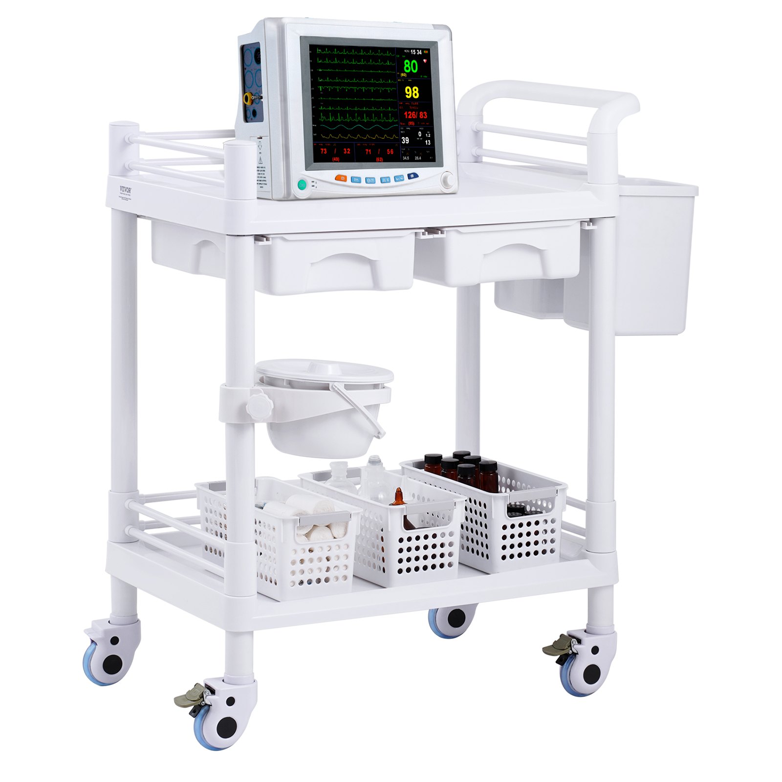 VEVOR 2-laags laboratoriumwagen, laboratoriumwagen met 2 planken, 2 lades en 4 stille wielen, mobiele medische wagen van PP-materiaal, laboratoriumwagen met 3 bakken voor laboratorium, kliniek, ziekenhuis, salon, wit