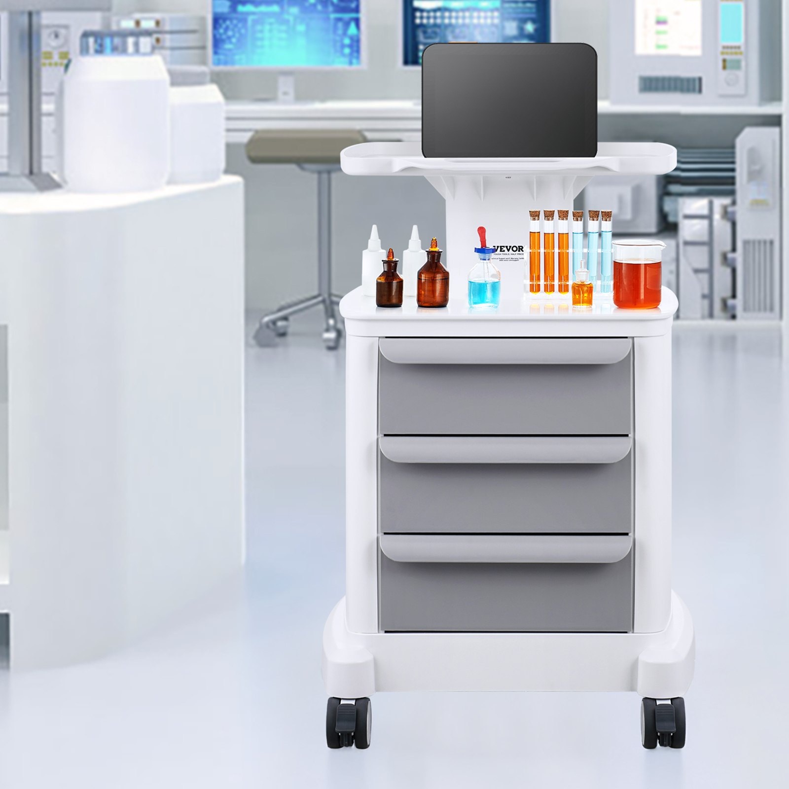 VEVOR 4-laags laboratoriumwagen, laboratoriumwagen met 3 lades en 1 bovenste plank, mobiele medische wagen van ABS-materiaal, laboratoriumwagen met 4 stille wielen voor laboratorium, kliniek, ziekenhuis, salon, wit