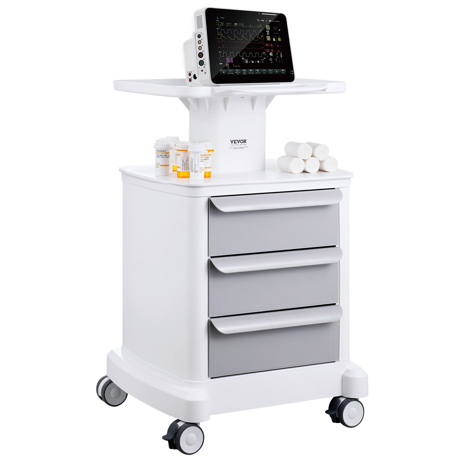 VEVOR 4-laags laboratoriumwagen, laboratoriumwagen met 3 lades en 1 bovenste plank, mobiele medische wagen van ABS-materiaal, laboratoriumwagen met 4 stille wielen voor laboratorium, kliniek, ziekenhuis, salon, wit
