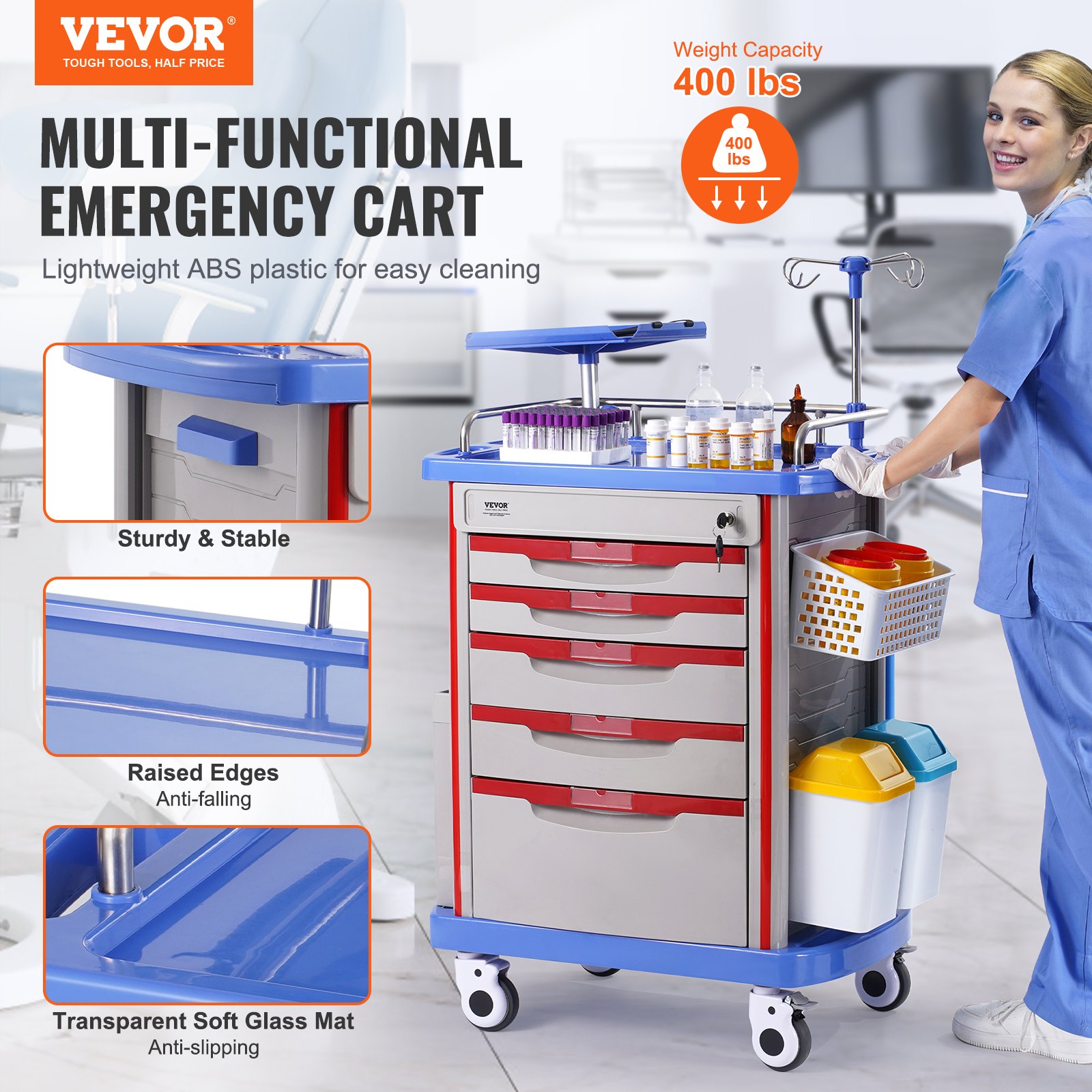 VEVOR 5-laags laboratoriumwagen, mobiele medische wagen van PP-materiaal, met 4 stille wielen en 5 lades, laboratoriumwagen, salonwagen voor laboratorium, kliniek, ziekenhuis, salon, blauw