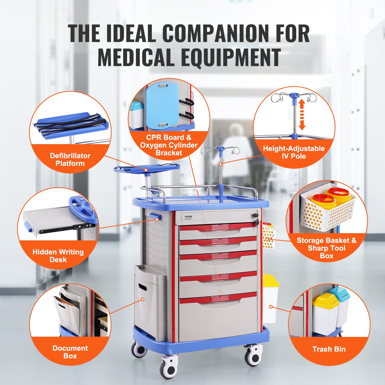 VEVOR 5-laags laboratoriumwagen, mobiele medische wagen van PP-materiaal, met 4 stille wielen en 5 lades, laboratoriumwagen, salonwagen voor laboratorium, kliniek, ziekenhuis, salon, blauw