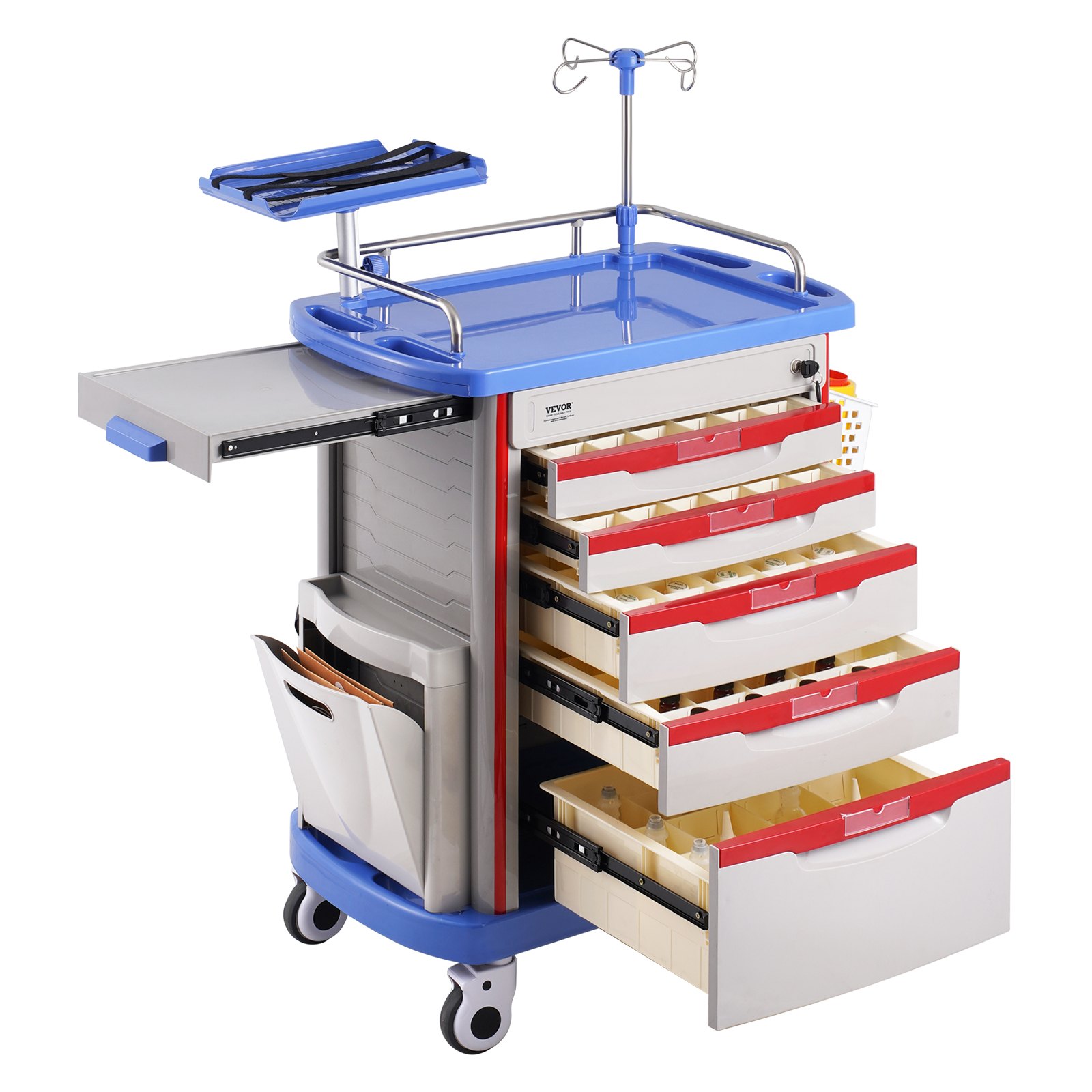 VEVOR 5-laags laboratoriumwagen, mobiele medische wagen van PP-materiaal, met 4 stille wielen en 5 lades, laboratoriumwagen, salonwagen voor laboratorium, kliniek, ziekenhuis, salon, blauw