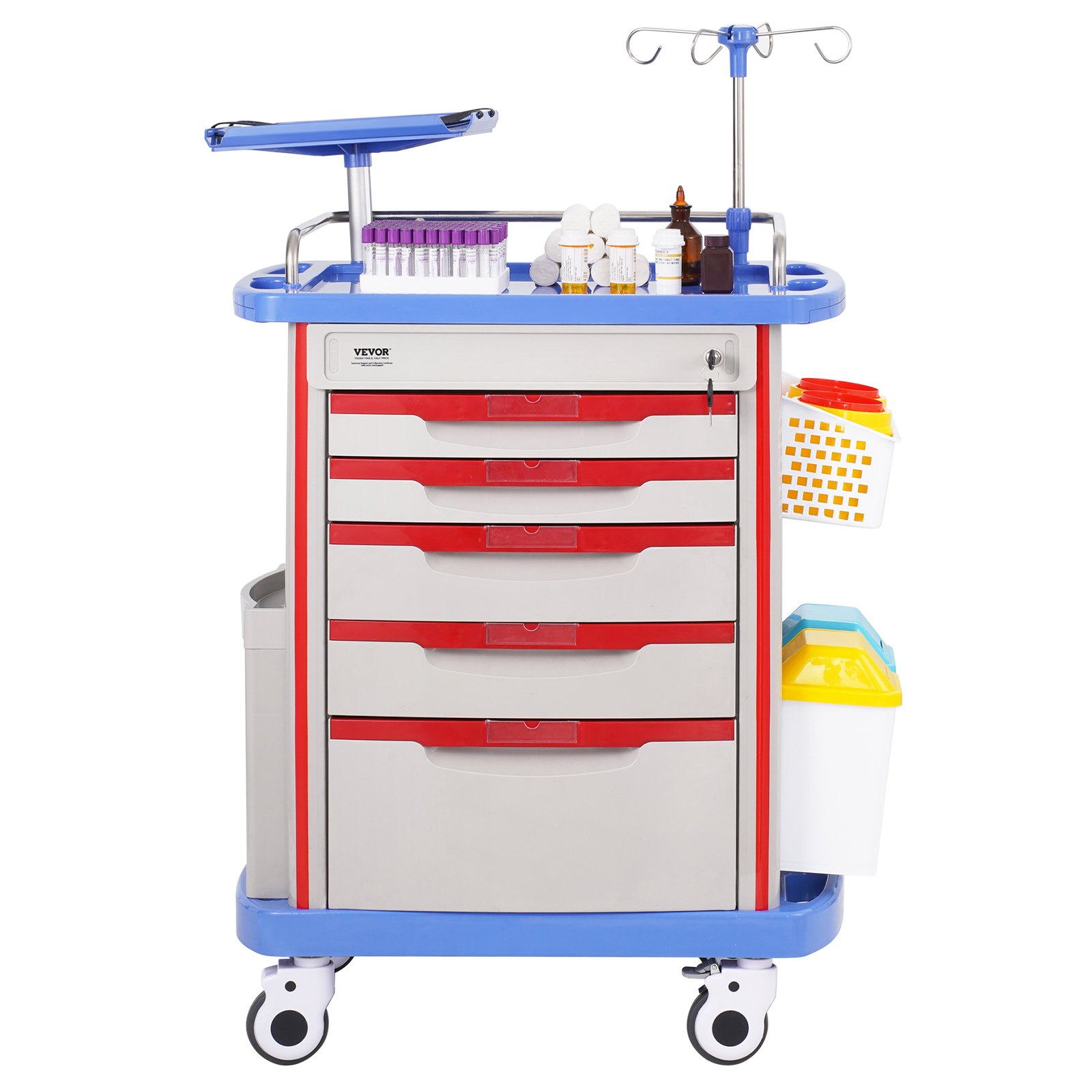 VEVOR 5-laags laboratoriumwagen, mobiele medische wagen van PP-materiaal, met 4 stille wielen en 5 lades, laboratoriumwagen, salonwagen voor laboratorium, kliniek, ziekenhuis, salon, blauw