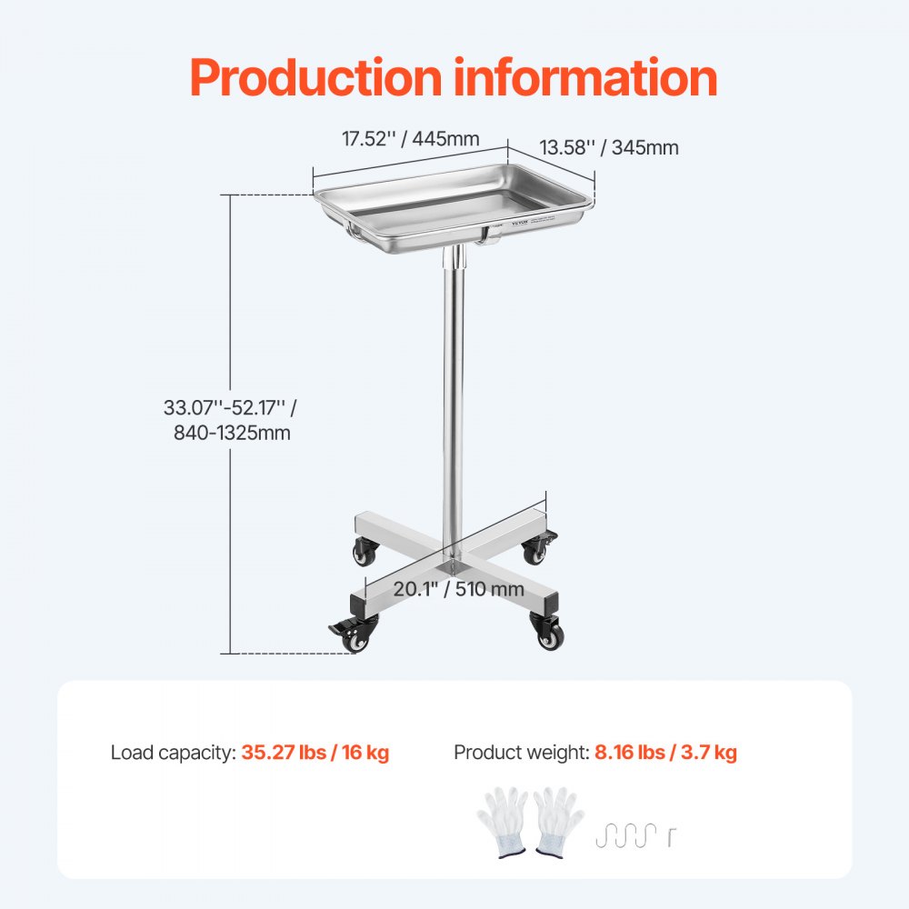 VEVOR Mayo Stand, Stainless Steel Mayo Tray, Load Capacity up to 35 lbs, Adjustable Height 25.2"-39.8", Medical Tray on Wheels with Removable Tray for Spa, Salon, Clinic, Personal Care