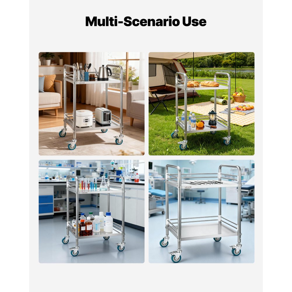 VEVOR roestvrijstalen trolley, 2-laags rolwagen voor laboratorium en keuken met vergrendelbare wielen, serveerwagen voor medische faciliteiten, mobiel serveerblad voor ziekenhuizen, restaurants en keukens.