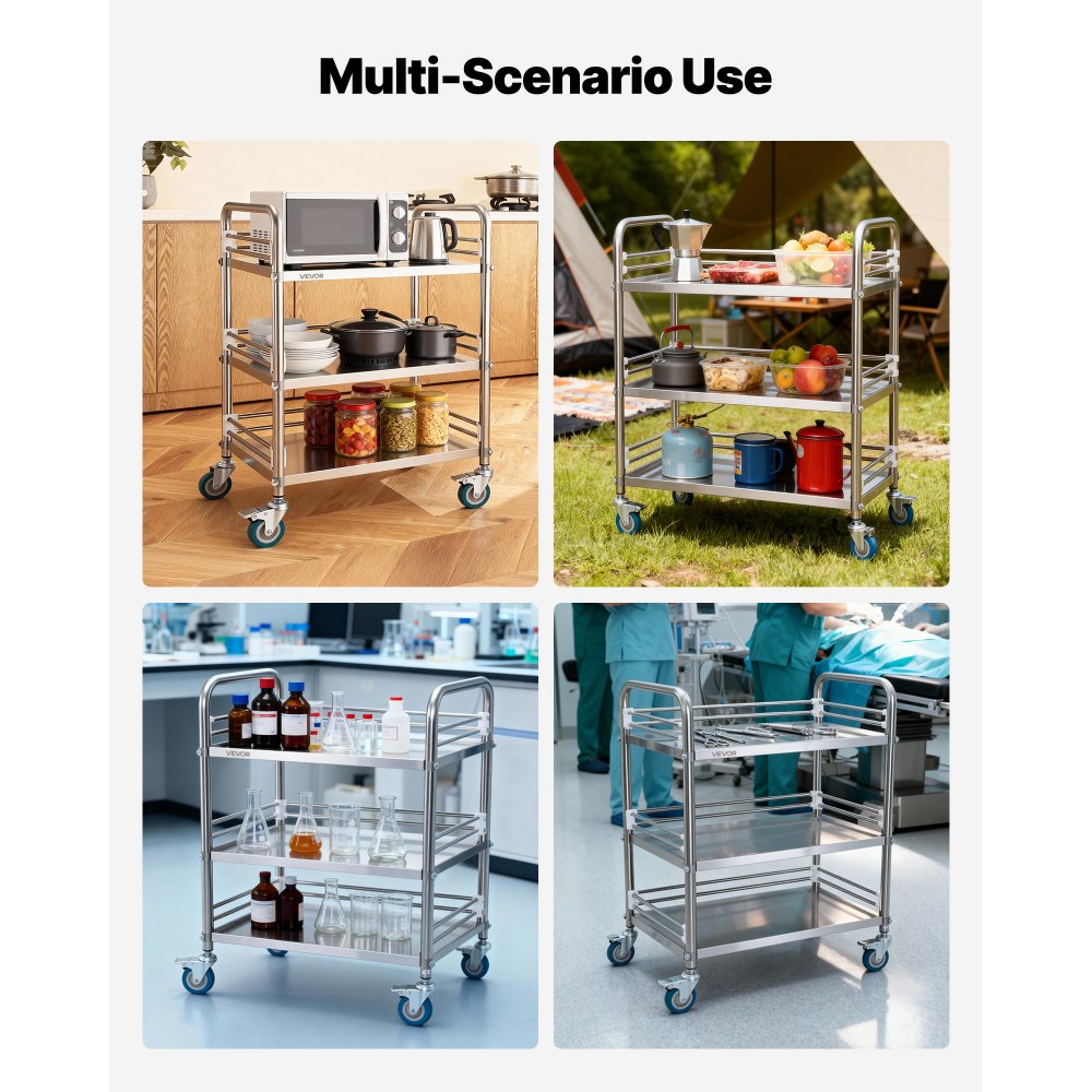 VEVOR Stainless Steel Cart, 3-Tier Rolling Lab Utility Cart with Lockable Wheels, Medical Serving Trolley Clinic Tray, Heavy Duty Mobile Service Storage Tray for Hospital, Restaurant, Kitchen, Salon