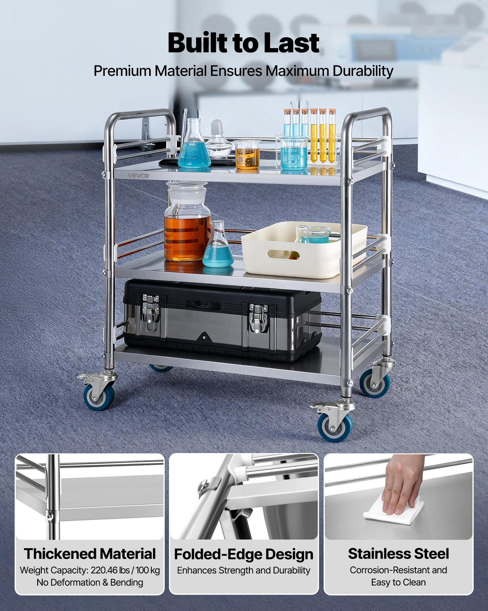 VEVOR Stainless Steel Cart, 3-Tier Rolling Lab Utility Cart with Lockable Wheels, Medical Serving Trolley Clinic Tray, Heavy Duty Mobile Service Storage Tray for Hospital, Restaurant, Kitchen, Salon