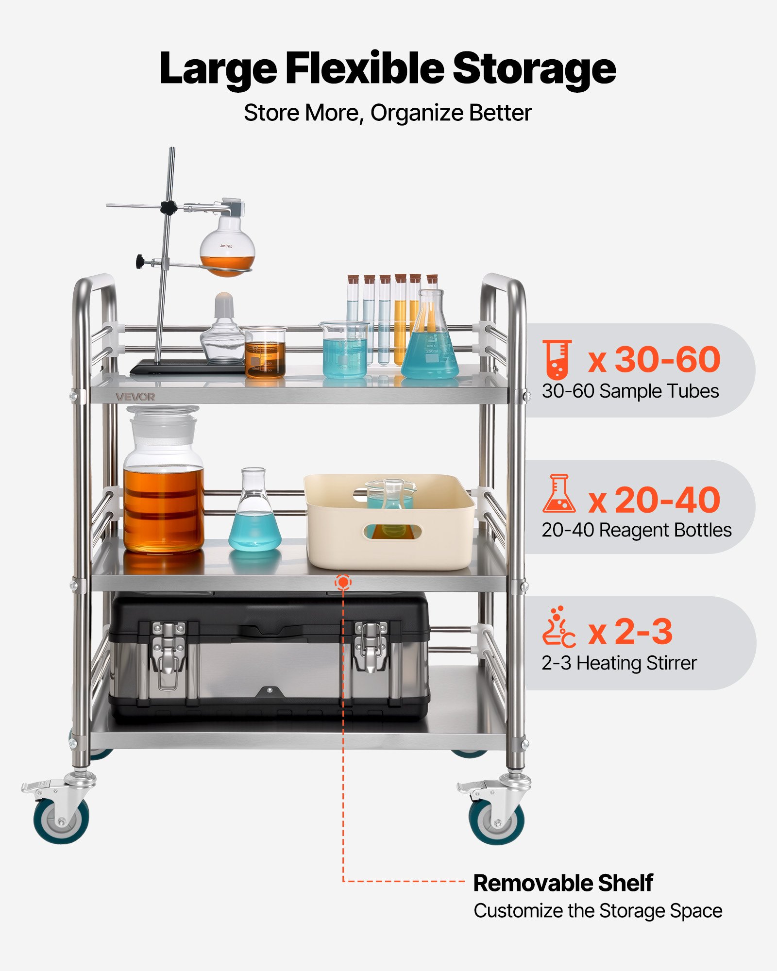 VEVOR Stainless Steel Cart, 3-Tier Rolling Lab Utility Cart with Lockable Wheels, Medical Serving Trolley Clinic Tray, Heavy Duty Mobile Service Storage Tray for Hospital, Restaurant, Kitchen, Salon
