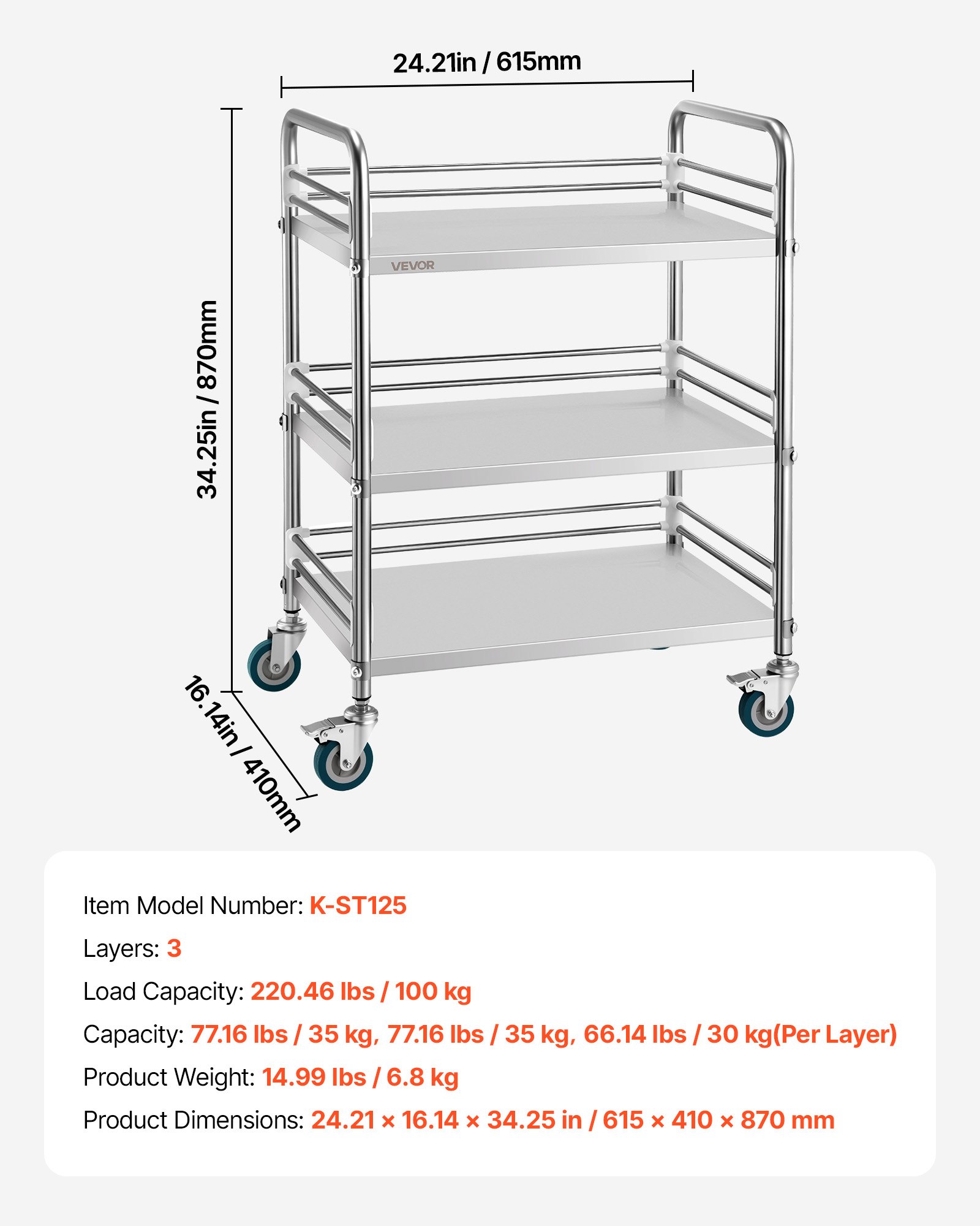 VEVOR Stainless Steel Cart, 3-Tier Rolling Lab Utility Cart with Lockable Wheels, Medical Serving Trolley Clinic Tray, Heavy Duty Mobile Service Storage Tray for Hospital, Restaurant, Kitchen, Salon