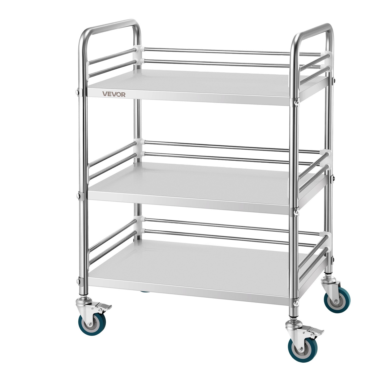 VEVOR Stainless Steel Cart, 3-Tier Rolling Lab Utility Cart with Lockable Wheels, Medical Serving Trolley Clinic Tray, Heavy Duty Mobile Service Storage Tray for Hospital, Restaurant, Kitchen, Salon