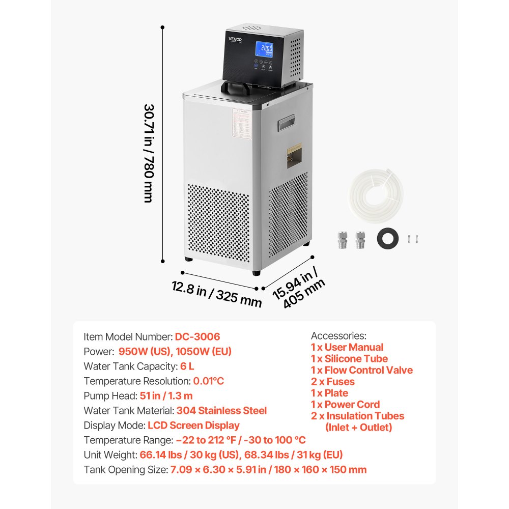 VEVOR laboratoriumkoeler met circulatiepomp, -30 °C tot 100 °C, 6 liter interne en externe dubbele circulatie, koelvloeistofcirculatiepomp voor lage temperaturen, koeler met circulatiepomp voor waterkoeling