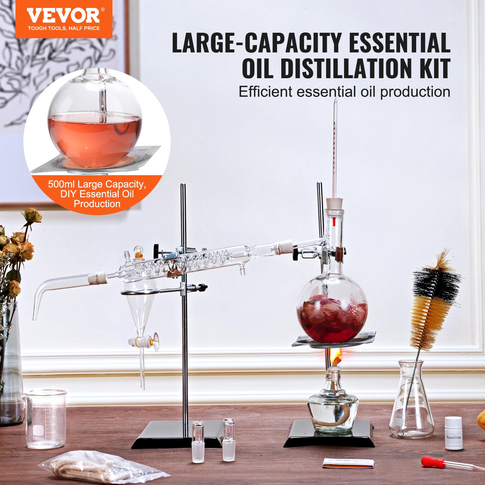 VEVOR etherische olie destillatieset, 500 ml destillatieapparaat, 3,3 Boro Lab glazen destillatieset met alcohollamp, keramisch gaas en 24/40 verbinding, set van 28 stuks