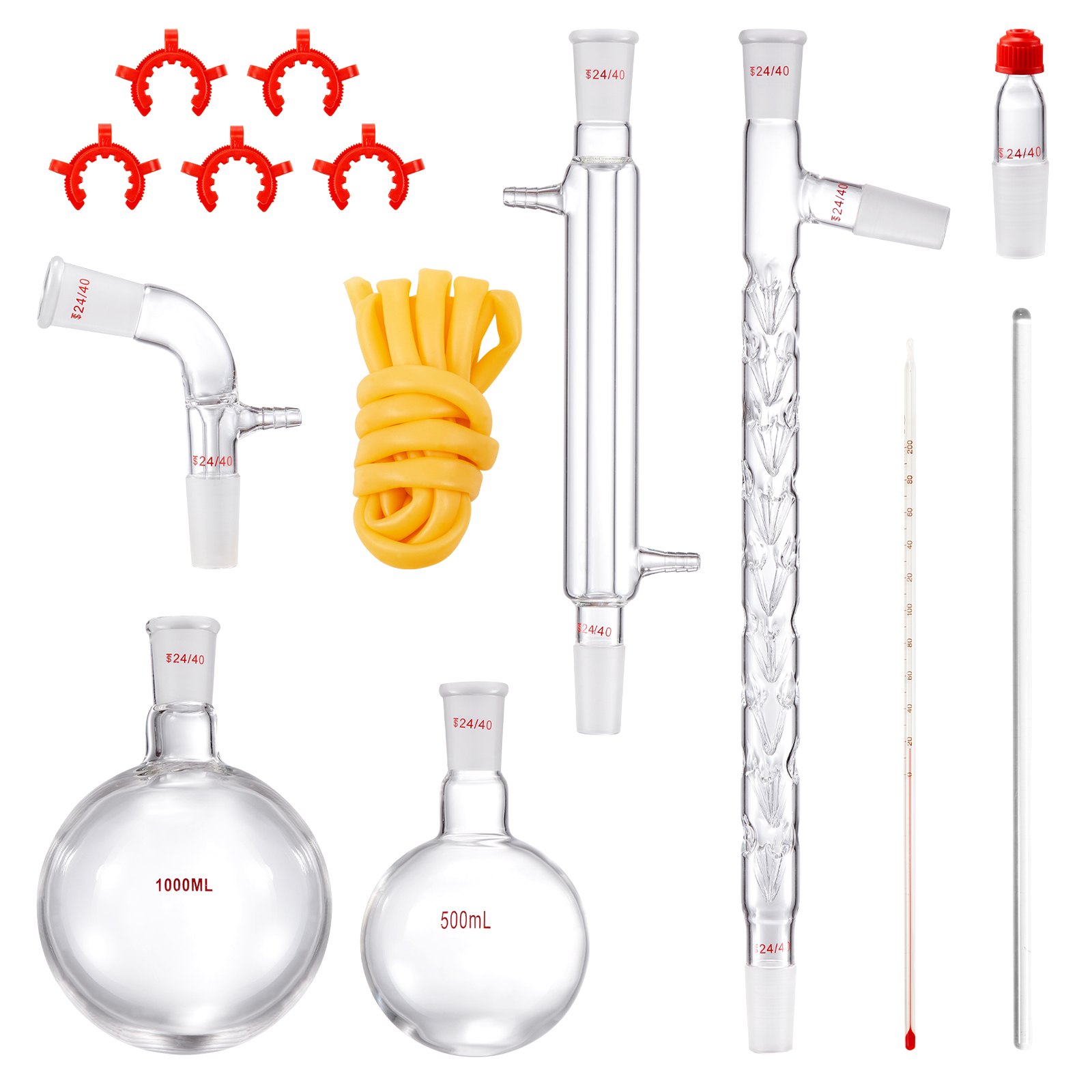VEVOR Lab-destillatiekit, 3,3 Boro Lab-glasdestillatiekit met 24 en 40 verbindingen, 1000 ml destillatie-apparaatset voor essentiële oliën, 14-delige glaswerkset